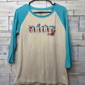 Ariat cream and blue raglan tee baseball shirt soft cotton — MEDIUM‎ womens